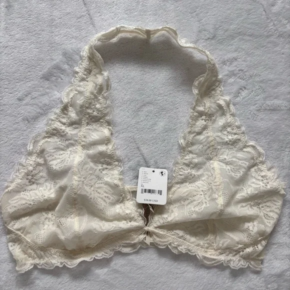 FREE PEOPLE INTIMATELY Last Dance Ivory Lace Halter Bralette--XL - Picture 9 of 16